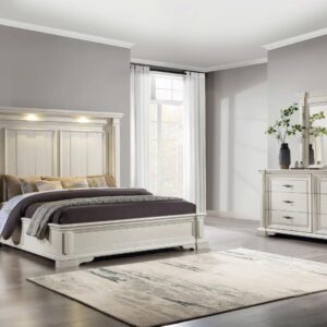 Evelyn Queen Panel Bed with Headboard Lighting Antique White