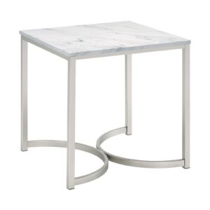 Leona Faux Marble Square End Table White and Satin Nickel
