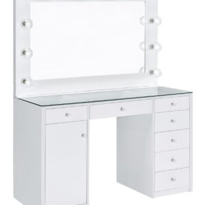 Percy 7-drawer Glass Top Vanity Desk with Lighting White